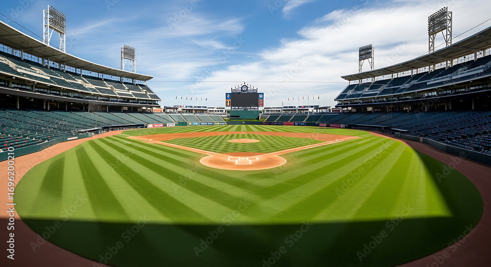 Obraz premium Empty baseball field with neatly mowed grass and stands under a blue sky.
