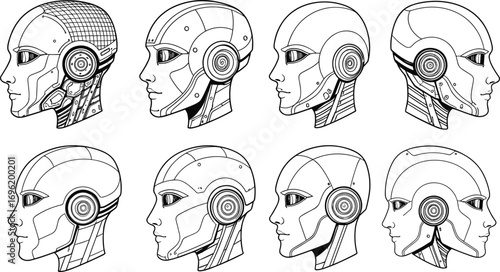 Futuristic robot head designs, advanced AI android concept, detailed cyborg profiles, artificial intelligence technology, humanoid robot illustrations, sci-fi robotics
