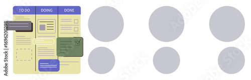 Organized task board with three sections To Do, Doing, Done. Includes notes, checklists, and progress tracking. Ideal for productivity, project management, teamwork organization goals planning