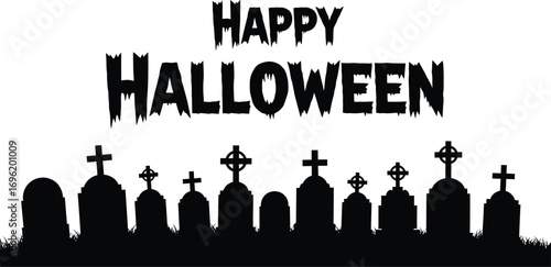 Happy halloween graveyard scene featuring tombstones, crosses, and the words happy halloween in a spooky font