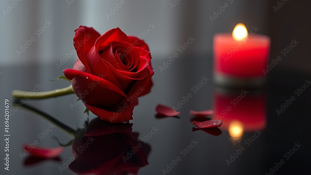 Fototapeta premium Single red rose with dewdrops on a sleek black surface, symbolizing minimalist romance.