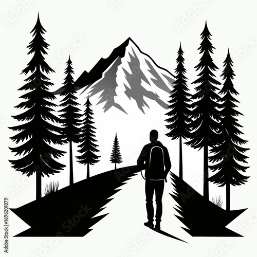 forest, tree, outdoors, hiking, exploration, illustration, backpack, journey, nature, walking, adventure, travel, silhouette, vector, path, recreation, hiker, wilderness, landscape, person, man, sport