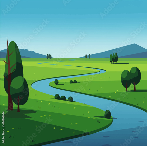 A winding blue river flows through a vibrant green landscape with rolling hills and scattered trees under a clear blue sky.