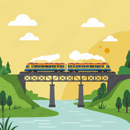Two trains crossing a bridge over a river in a scenic landscape with rolling hills and trees.