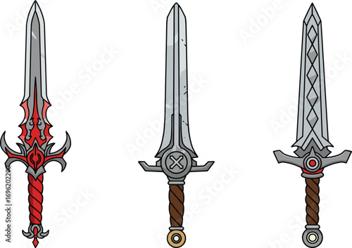 Fantasy swords illustration, medieval weapon vector set, cartoon blades design, warrior game assets, RPG weapon icons, battle-ready swords.