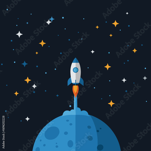 A stylized rocket launching from a blue planet into a starry night sky.