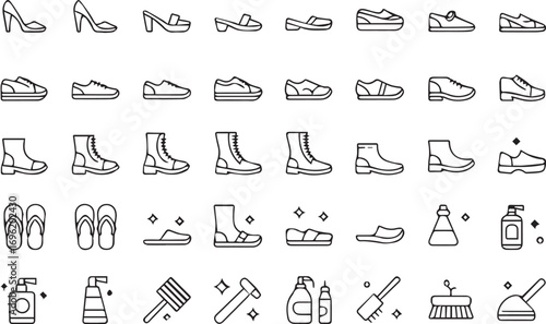 footwear and shoe care line icon vector pack including heels loafers slippers boots brushes polish shine
