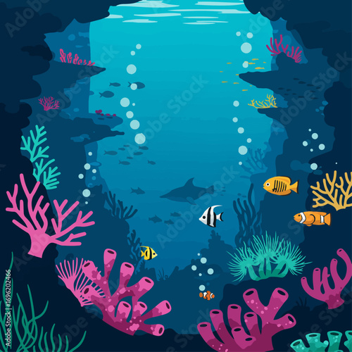 A vibrant underwater scene teeming with colorful coral reefs, diverse fish species, and a distant shark, illuminated by shafts of sunlight filtering from the surface.