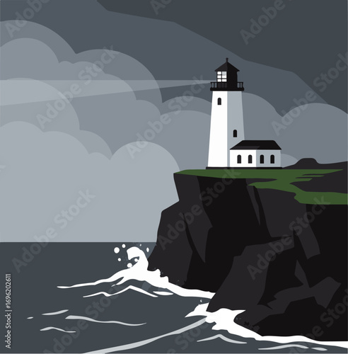 A stark white lighthouse stands tall on a rugged cliff overlooking a stormy sea with crashing waves.