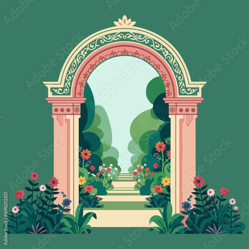 An ornate archway opens to a lush garden path lined with vibrant flowers and trees.