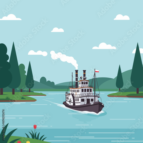 A vintage paddlewheel steamboat navigates a calm river surrounded by lush green trees and rolling hills under a clear blue sky.