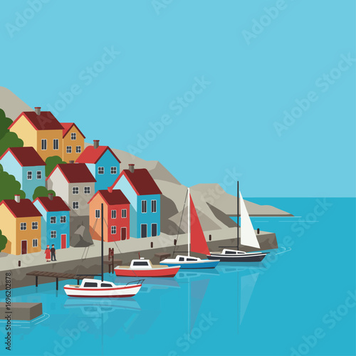 A charming coastal village with colorful houses nestled on a hillside overlooking a serene blue bay with several sailboats docked.