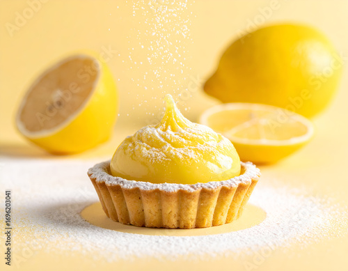 A fresh lemon tart with creamy meringue, dusted with powdered sugar, with whole lemons in the background. A sweet and tangy dessert. Generative AI