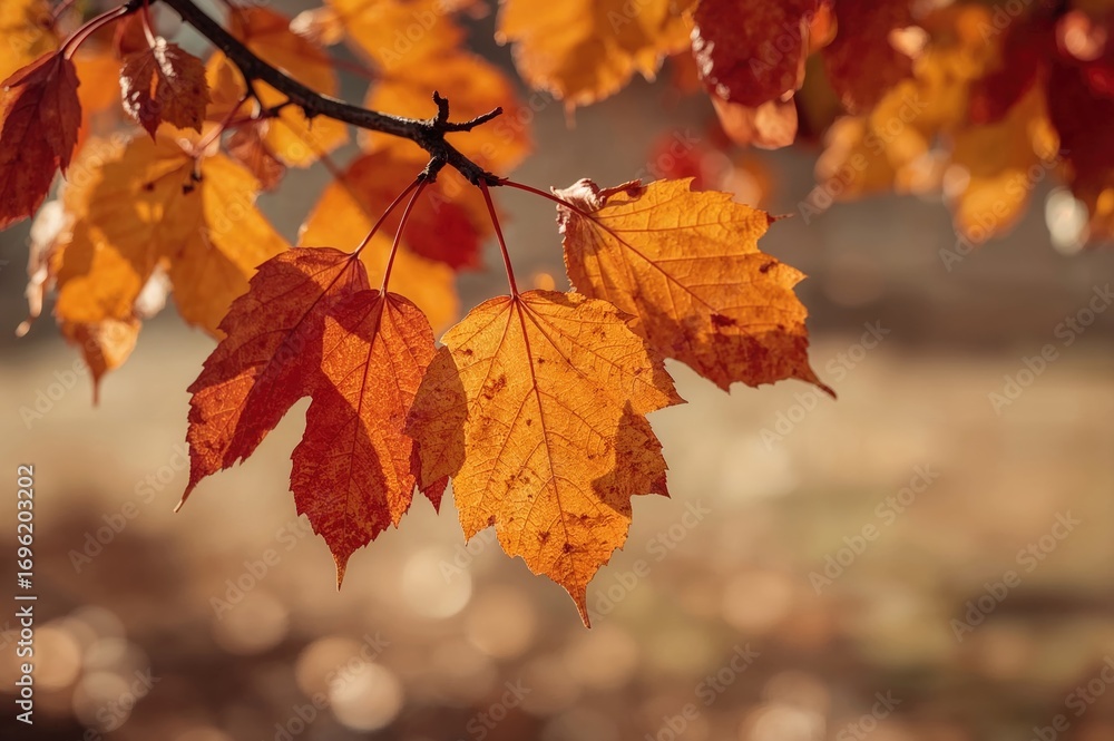Obraz premium Detailed view of fall foliage on a twig, set against a gentle, out-of-focus backdrop emphasizing the fragile charm of the seasonal transition