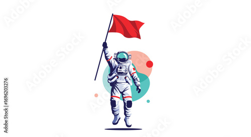 Astronaut planting flag in outer space exploring new frontiers with celestial body background and vibrant colors