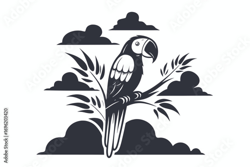 Minimal of a Parrot Perched on a Branch with Clouds on white background
