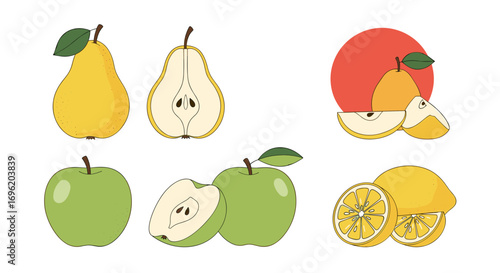 A collection of fresh whole and sliced fruits including pears apples and lemons for healthy eating