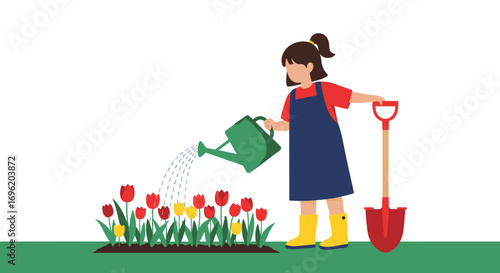 A young girl joyfully waters a vibrant bed of red and yellow tulips in a garden scene with a shovel standing nearby symbolizing spring planting and outdoor activities for children