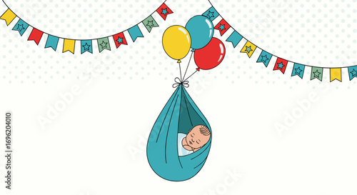 A cute baby floats in a hammock suspended by balloons under a banner of flags celebration