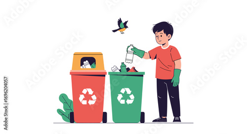 Young boy diligently sorts recycling and waste into designated bins promoting environmental responsibility for a cleaner planet