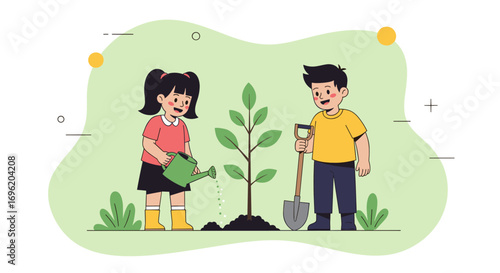 Children actively participating in planting a small tree with water and a shovel symbolizing environmental care and teamwork
