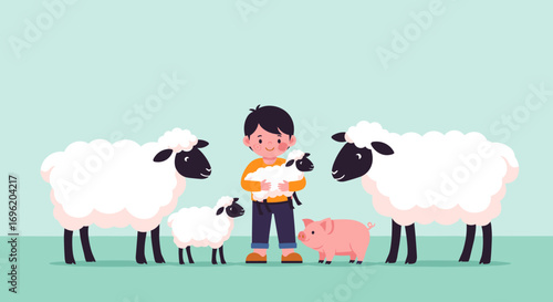 A young boy holds a lamb surrounded by his farm animal friends on a pastel green background