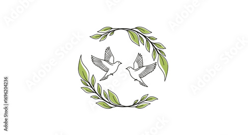 Symbolic representation of peace and nature with two doves and olive branches
