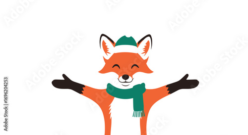 Whimsical winter fox wearing a cozy hat and scarf offering a warm welcome
