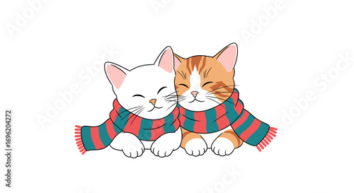 Two adorable kittens snuggled together wearing cozy striped scarves warming up