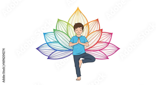 A young boy practices tree pose yoga with a vibrant rainbow lotus flower symbolizing inner peace and growth
