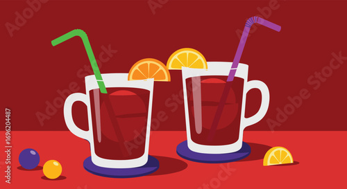 Two mugs filled with red drink topped with orange slices and straws on a red background