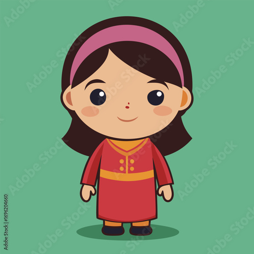 Adorable Cartoon Girl in Traditional Clothes