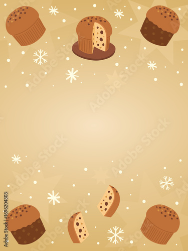 A cheerful poster featuring festive panettone illustrations for holiday pubicity, tamplates, banners, social media posts and Christmas-themed backgrounds.