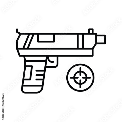 A black outline drawing of a pistol with a target next to it. Editable stroke icon