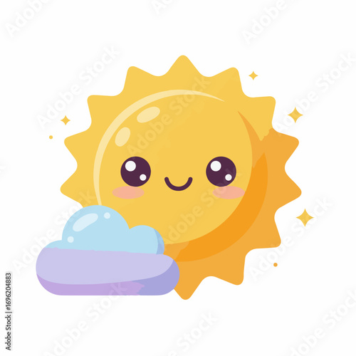 A cute, kawaii-style sun with rosy cheeks peeking out from behind a fluffy, pastel cloud.