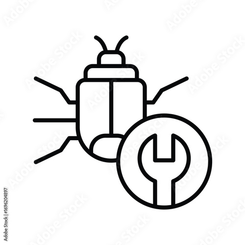 A black outline of a bugbeetle next to a wrench inside a circle. Editable stroke icon