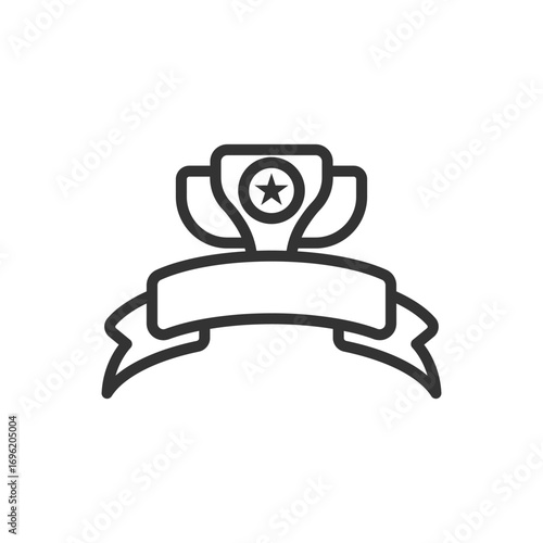 A blackandwhite line drawing shows a trophy with a star and a blank banner below it. Editable stroke icon