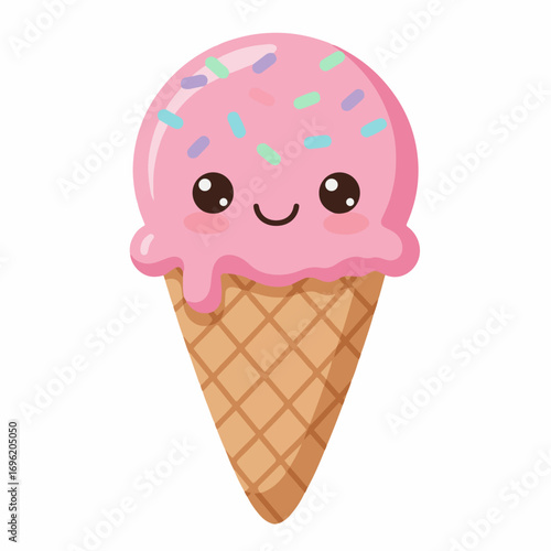 A cute pink ice cream cone with a happy face and colorful sprinkles, melting slightly over a waffle cone.