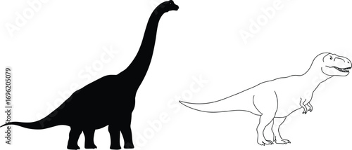 Size Comparison Between Brachiosaurus and T-Rex, Dinosaur Illustration, Black and White, Extinct Animals, Jurassic Period.
