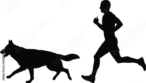Silhouette of Man Jogging with Dog, Black and White Vector Illustration, Outdoor Fitness and Pet Companion, Active Lifestyle Concept.