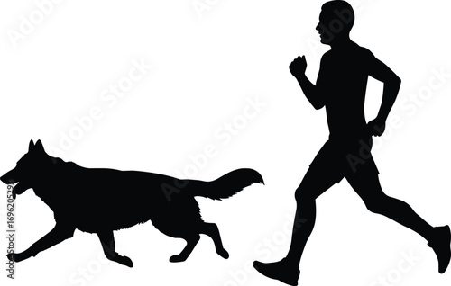 Silhouette of Man Jogging with Dog, Black and White Vector Illustration, Outdoor Fitness and Pet Companion, Active Lifestyle Concept.