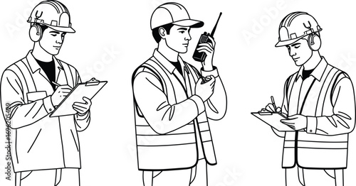 Construction workers wearing safety helmets and reflective vests, using walkie-talkies and clipboards, conducting site inspections and safety checks.