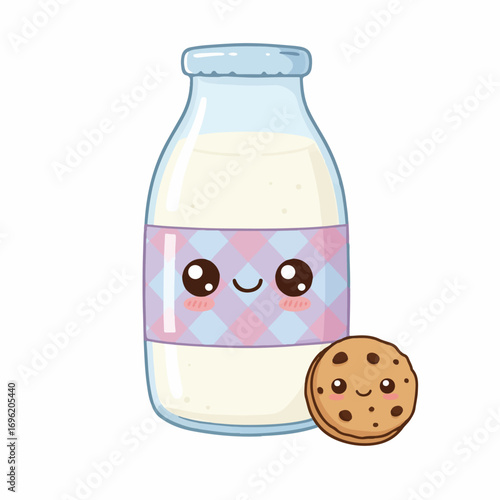 A cute cartoon bottle of milk with a happy face and a chocolate chip cookie next to it.