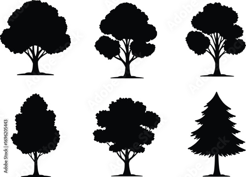 Set of Various Tree Silhouettes, Black and White, Nature and Forest Theme, Minimalist Vector Illustration, Graphic Design Elements.