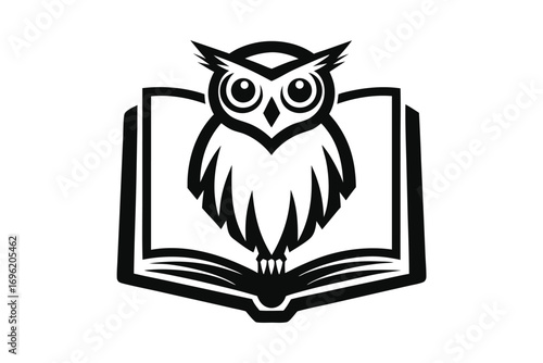 Minimalist Black Owl on an Open Book with White Background