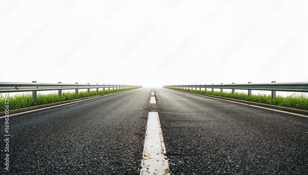 Fototapeta premium Isolated asphalt pathway with barriers and greenery seen from a side angle on white background