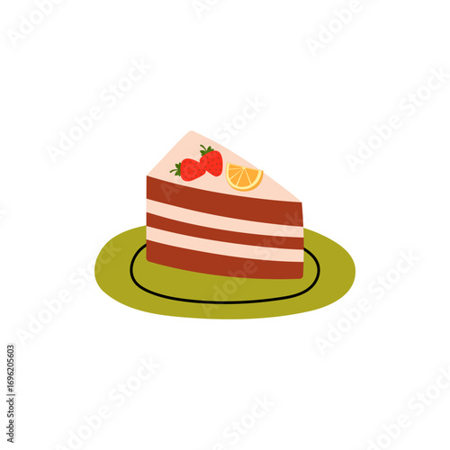 Delicious dessert with cream and decorated with fruit. Cut piece of birthday cake, served on plate. Layered cake with chocolate sponge cake and whipped cream.