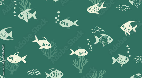 Charming school of little fish swimming through underwater seaweed and bubbles in this delightful aquatic pattern