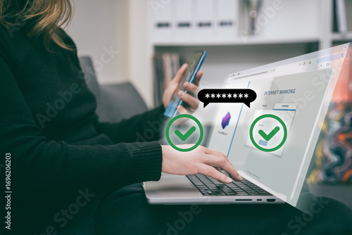 Woman makes an online payment using two-factor authentication. Girl entering a password on laptop while using a smartphone for 2fa verification. Secure online transactions and digital security.