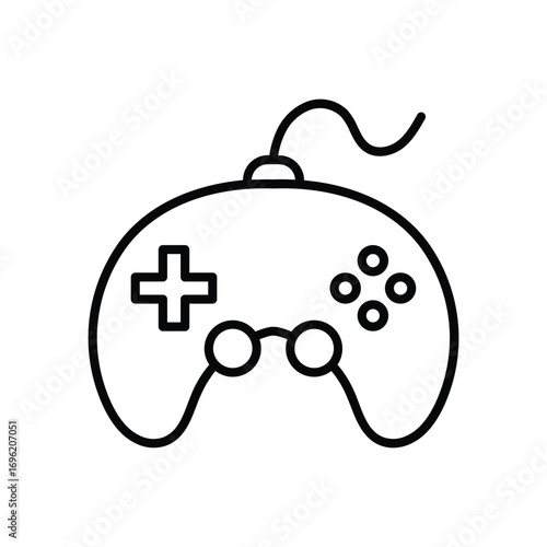 A game controller with a directional pad four buttons two analog sticks and a cable. Editable stroke icon
